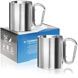 Robin Goods® 2X Edelstahl-Thermobecher mit Karabinergriff - 350 ml je Kaffeetasse - Thermo-Trinkbecher- Kaffeepott bruchsicher - doppelwandige Isolierbecher (02 Stück - Karabinergriff)