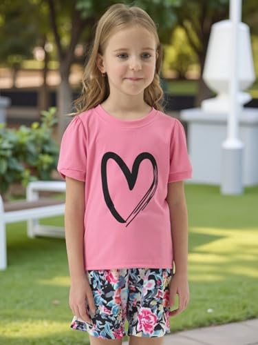 Image of Kids Girl Clothes Heart Print Short Sleeve Top and Shorts Cute Girl Summer Outfits Short Set
