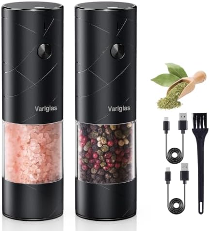 Variglas Salz und Pfeffermühlen Elektrische 2er Set mit USB Wiederaufladbarer,Verbesserte große Kapazität Gewürzmühle elektrisch,Einstellbare Grobheit,LED-Licht(01B)
