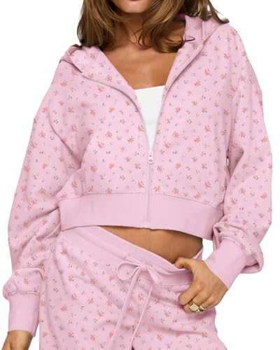 Cioatin Women Zip Up Crop Hoodies Jacket Loose Fit Fleece Sweatshirt Y2K Ditsy Floral Pullover Aesthetic Girls Clothes Fall