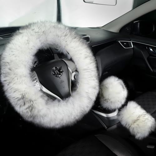 Fuzzy Genuine Sheepskin Steering Wheel Cover Set for Women Parents-Fluffy Soft Australian Merino Wool Fur Wrap with Gear Shift and Hand Brake Covers, Cozy Stylish Luxury Car Accessories (Wolf Tipped) by FL FLMAPLES - Used condition - US$13.42