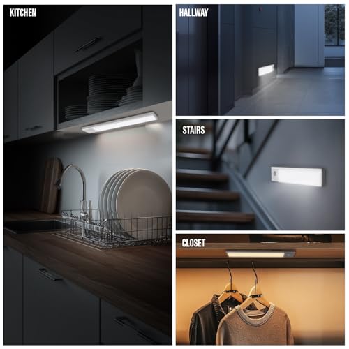 Image of 2 Pack Under Cabinet Lighting, 3 Colors & Dimmable Motion Sensor Light Indoor, 900mAh Rechargeable Under Cabinet Lighting Magnetic for Kitchen, Stairs, Closets, White(ABS+PC)