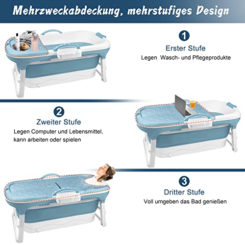 VANCHEMO Faltbare Badewanne 128 x 62 x 53 cm, Mobile Badewanne Erwachsene Mit Abdeckung Massagerollen und Badewannenablage, für kleines Badezimmer (Blau) – Bild 6