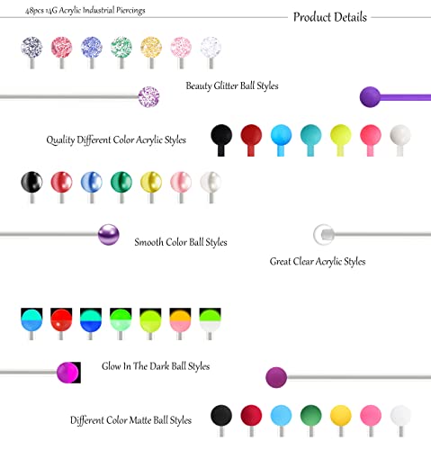 Evelical 48Pcs 14G Acrylic Industrial Barbell Earrings For Women Men Cartilage Helix Body Piercing Jewelry 38Mm 1&1/2 Inch Piercing Bar Style A #TOP2