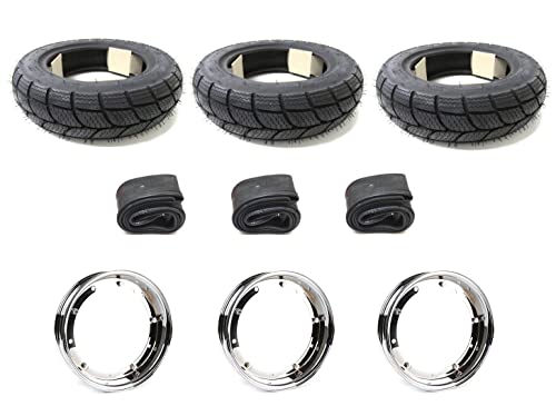 Winter Tyre Complete Set Suitable for Piaggio Ape 50 TM, 100/90-10, Chrome Rims, Tyres K701 M+S, 3 x Tyres, 3 x Rims, 3 x Tubes, Suitable for Winter