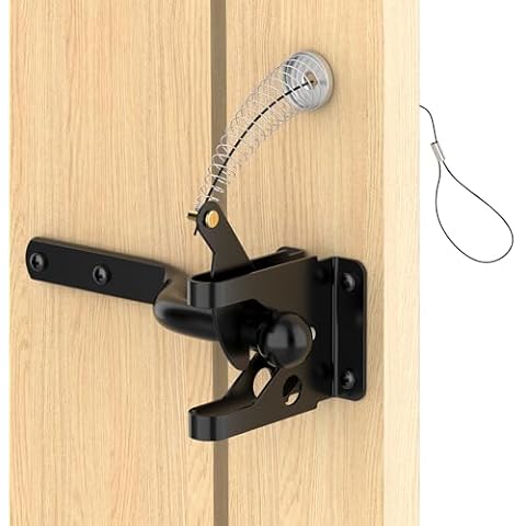 JIAHOO Self Locking Gate Latch with Spring Cable Pull, Automatic Lever Latch for Wooden Fence, Door Latch Hardware for Outdoor Fence, Secure Pool, Garden, Shed, Cage, Black Finish Cover