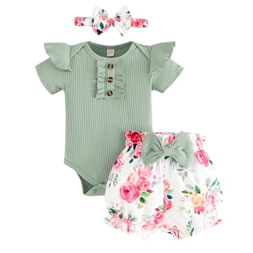 Image of GDTOGRT Baby Girl Clothes Newborn Infant Outfit Ruffle Romper and Short Pants Clothing Sets for Summer Spring
