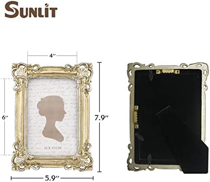 Sunlit Vintage Picture Frame 4x6 Inch, Antique Photo Frames with Glass Front, Ornate Photo Display, Tabletop Wall Hanging, Gift Ideas, 10x15 cm