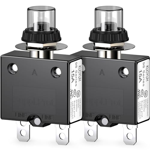 Thermal Circuit Breaker, DIYhz 15 Amp Push Button Manual Reset Circuit Breaker 32V DC 125/250VAC 50/60Hz with Quick Connect Terminals and Waterproof Button Transparent Cap 2Pcs