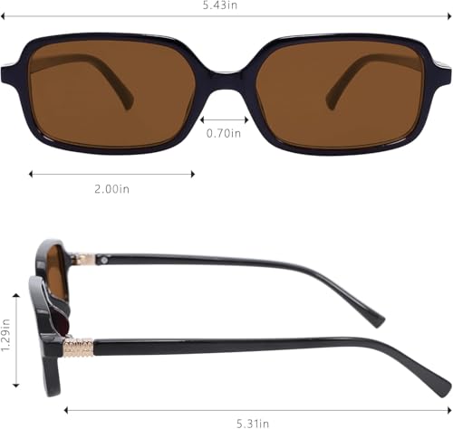 نظارات شمسية ريترو للنساء والرجال، نظارات شمسية بتصميم مستوحى من التسعينيات من ازوني بتصميم صغير مستطيل لطيف وانيق، عبوة من قطعتين (اسود + بني)