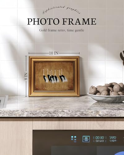 Image of VIYYIEA Vintage Gold Framed Wall Art for Living Room, Cranes Canvas Prints Home Decor, Oil Painting Picture, Bedroom Wall Decor Gifts for Friends or Family -【Seven Cranes】-(10L x 8W)