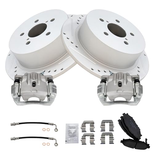 Image of TRQ Performance Rear Brake Pad and Rotor Set Ceramic Slotted Drilled Coated Rotors Calipers Compatible with 2006-2009 Subaru Legacy
