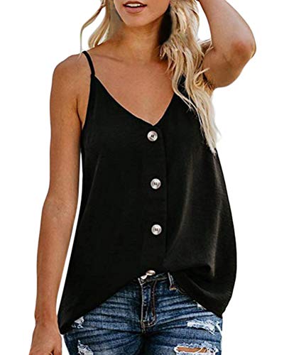 Mujeres Camisetas Sin Mangas Tank Top Casual Cuello V Sólida Botones Blusa Cami Camisas Chic Gasa Chaleco Tops B Negro ES 42