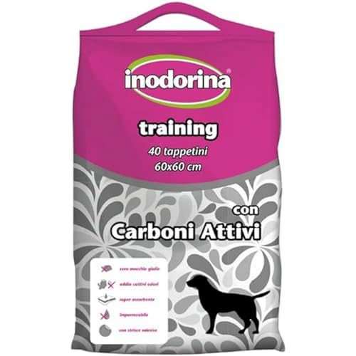 Inodorina Tappetini igienici per Cani (60x60 cm, 40 Pezzi) – Traversine con Carboni Attivi Super assorbenti in Pura cellulosa Vergine – con polimeri Odor Control e Sticker Antiscivolo