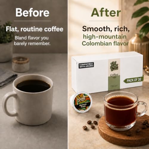 Image of OH HEY BRANDS Medium roast coffee k cups -20 Eco-Friendly k cups coffee pods - Single Origin Colombia - Chocolatey & Smooth flavored coffee pods - Suitable for all brewers