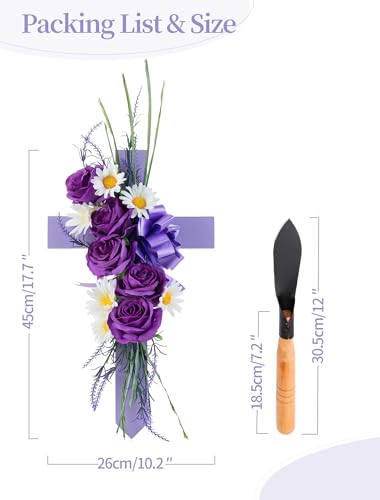 Cross for Cemetery Grave with Flowers: Outdoor Grave Decorations - 1Pc Purple Roses Artificial Flowers Memorial Wooden Cross image 6