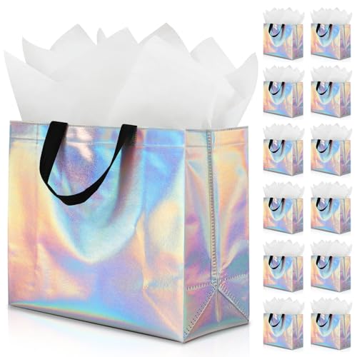 KeerxunBag 12pcs Reusable Gift Bags（Includes Tissue Paper） Gift bag with handle Birthdays Parties Holidays Weddings Medium 10x4x8in blue Gift Bags