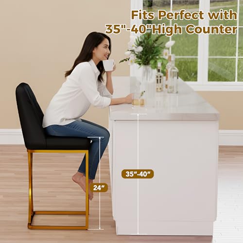 Image of LSSBOUGHT Counter Height Bar Stools Set of 2 24'' Upholstered Padded Barstools with Back Glam Kitchen Island Chairs with Golden Metal Iron Frame (Black-Button-Gold Leg, 4PCS)