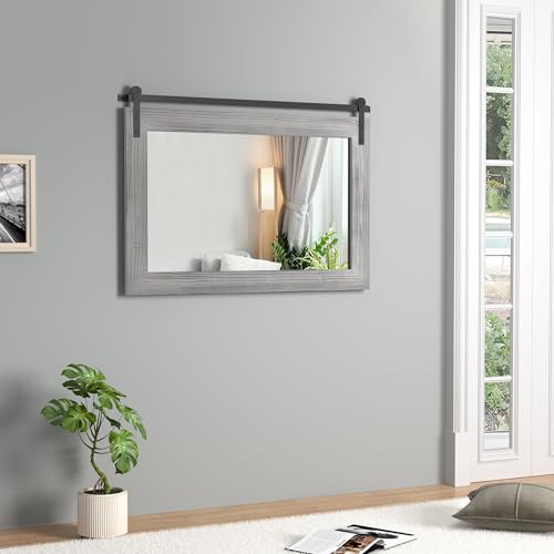 Image of COGOOD Bathroom Mirrors for Over Sink - 41 inch x 30 inch Farmhouse Barn Door Mirror for Living Room, Entryway, Bedroom, Vanity Wall Decor Grey
