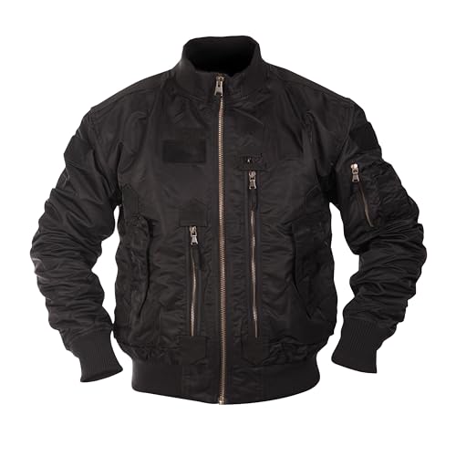Mil-Tec US Tactical Fliegerjacke Herren • Taktische Bomberjacke mit Stehkragen • Winddichte Übergangsjacke für Frühling & Herbst • Robuste Pilotenjacke mit vielen Taschen & Patchflächen • Schwarz, M