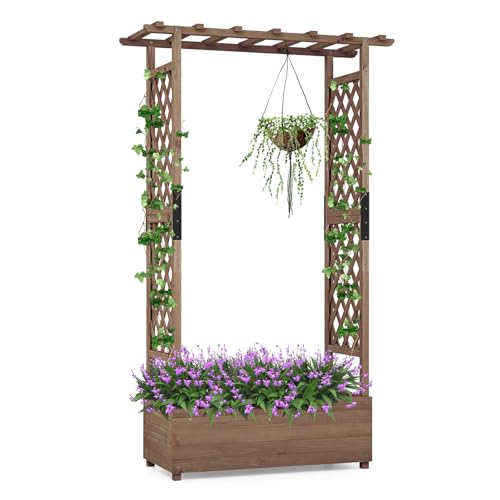 GOPLUS Hochbeet mit Rankgitter, Blumenkasten mit hängendem Dach & Ablauflöchern, Pflanzkasten Rankhilfe Pflanzkübel für Garten, Terrasse, Hof (110 x 44 x 182 cm,Braun)