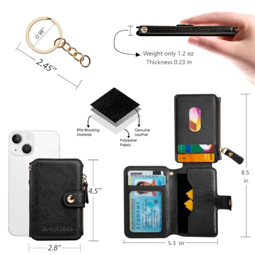 Image of M-Plateau RFID Blocking Slim Keychain Wallet for Women | PU Leather Wallet Keychain with ID Window & Zipper Pocket, Mini Credit Card Case for Daily Carry (Black)