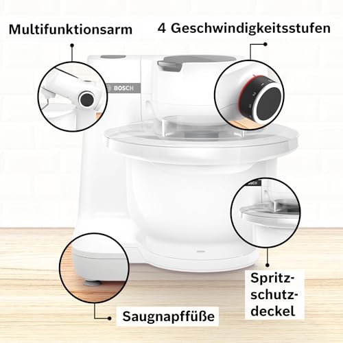 Bosch Küchenmaschine Serie 2 MUMS2AW00, 3,8l Kunststoff-Schüssel, Planetarisches Rührwerk, 4 Stufen, Knethaken/Rührbesen/Schlagbesen, spülm.fest, 700 W, weiß
