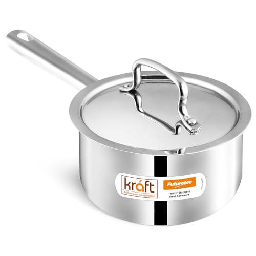 Image of Kraft- follow your imagination Futuretec Triply Stainless Steel Cookware Saucepan With Lid - 1.6 Litre, 16 Cm / 2.5Mm Thick /Tea, Chai, Milk Pan /Stay Cook Handle /Induction Base / 5 Years Warranty