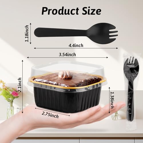 CXIIPOL 35 Pack 5 OZ Square Mini Baking Pans with Lids, 3.5x3.5 Inch Mini Cake Tins, Aluminum Foil Baking Cups Disposable Cake Containers for Party, Wedding, Birthdays, Black and Gold by CXIIPOL - Image 2