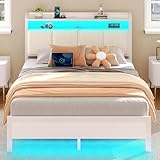 Rolanstar Bed Frame Full Size with Charging Station and LED Lights, Upholstered Headboard with Storage Shelves, Heavy Duty Metal Slats, No Box Spring Need, Noise Free, Easy Assembly, White