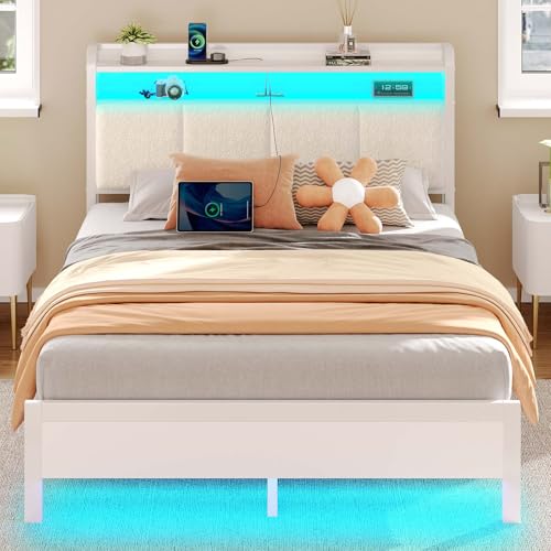 Image of Rolanstar Bed Frame Full Size with Charging Station and LED Lights, Upholstered Headboard with Storage Shelves, Heavy Duty Metal Slats, No Box Spring Need, Noise Free, Easy Assembly, White