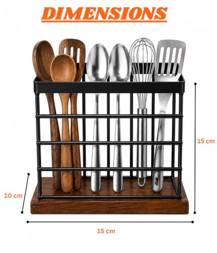 Image of MS Craft World Wooden Cutlery Holder with Metal Stand | Spoon Holder for Kitchen, Fork Organizer for Dining Table, Utensil Holder for Kitchen Counter | Rustic Wood Finish (Rectangular)