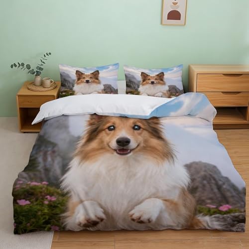 Funda Nórdica con Pastor Shetland Microfibra Suave Juego De Cama Acantilado con Fundas Almohada Calidad Hotelera Y Fácil De Cuidar Super King（260x220cm）