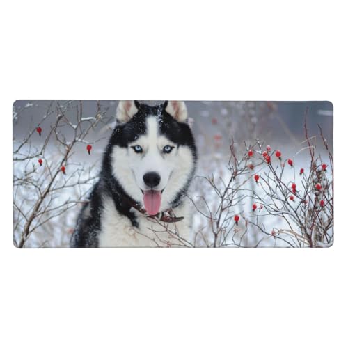 Tapis de souris grand format 40 x 90 cm Husky en hiver et tapis de bureau caoutchouc antidérapant