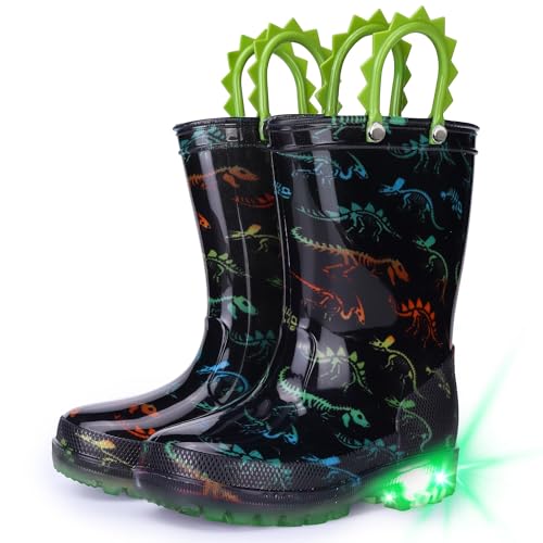 Funspread Toddler Kids Rain Boots - Light Up Boys Rainboots Boots Waterproof Lightweight Outdoor Shoes with Easy-On Handles Black Big Kids Size 1