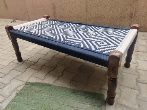 Image of Handwoven Wooden Bench | Traditional Rope Charpai Stool | Solid Wood Frame Seating for Living Room, Balcony & Outdoor | Durable & Stylish Design (Blue & White Finish)