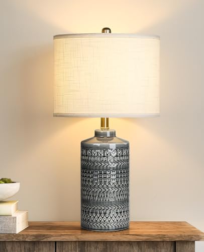 Modern Ceramic Table Lamp, 24.5' Living Room Lamps 3-Way Dimmable Gray Nightstand Lamp with White...