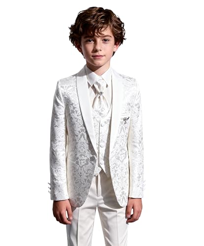 Costume de Smoking de Communion à Motifs pour garçons, Coupe ajustée, Ensemble Complet de 5 pièces pour Occasions, Harput 23 Ivoire, âge 10 années EU