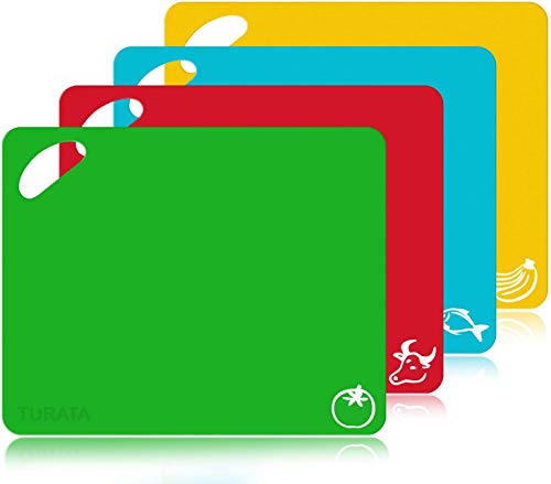 Juego de tablas de cortar de plástico - 4 piezas de cocina flexible Tabla de cortar de plástico con iconos de alimentos, estera de tablero de alimentos colgante apta para lavavajillas