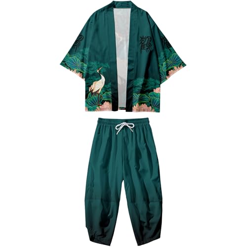 Image of DOSLAVIDA Men's Japanese Kimono Jacket Set Stylish Open Front Coat With Shorts Chinese Style Printed Cardigan Suit