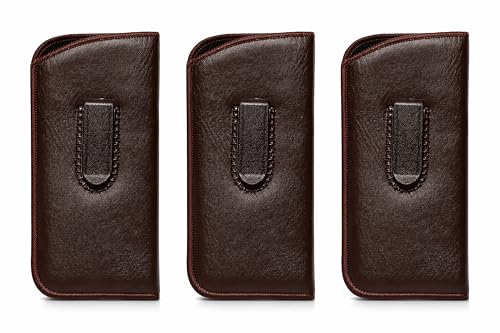 Image of Calabria Slim Faux Leather Eyeglass Case Soft Slip-In Design [Brown - 3 Pack] | Compact Protective Pouch | Soft Case for Glasses | Lightweight Sunglass Storage