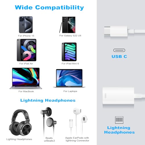 AXFEE USB C auf Light-ning Kopfhörer Adapter, Typ C auf Light-ning Audio Adapter für i-Phone 15 i-Pad Air i-Pad Mini 6 MacBook, Galaxy S22 ULT, 3-in-1 Lade/Datenübertragungs/Audio Adapter