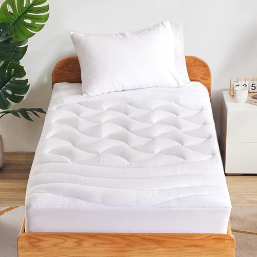SLEEP ZONE Cooling Twin Mattress Topper for Single Bed Premium Zoned Quilted Mattress Pad Fitted Mattress Protector Cover Machine Wash Durable Deep Pocket 8-21 inch (White Twin)