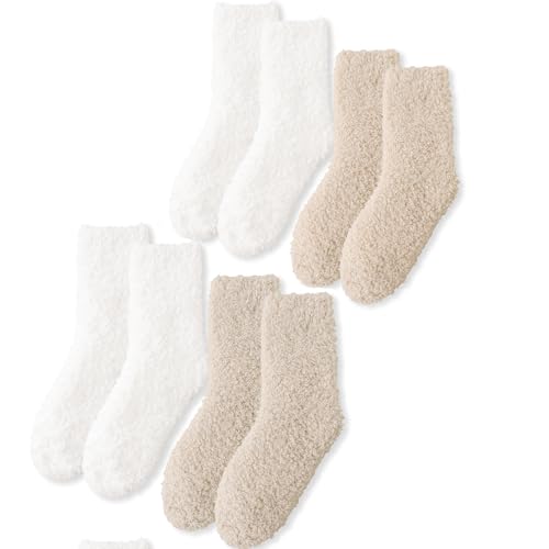 ForBaysy 3PAIRS Fuzzy Crew Socks For Women Warm Winter White Novelty Socks Unisex MultiColor
