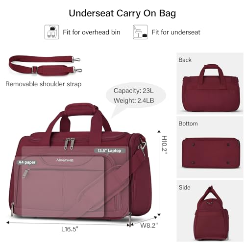 Hanke Underseat Carry On luggage Bags for Travel, Foldable Travel Bags for Women, Soft Lightweight Personal Item Travel Bag Small Carry On Bags for Airplanes, Travel Tote Bags for Women Men.（Burgundy）2