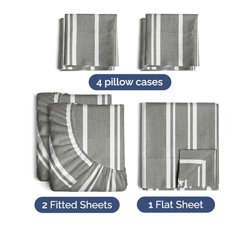Image of Split King 7 Piece Bed Sheet Set - Breathable & Cooling - Grey Stripes | Ultra-Soft Hotel Luxury Bedding Set w / 8-16 Inch Deep Pockets, 1 Flat & 2 Fitted Sheet & 4 Pillowcases, Wrinkle & Fade Free