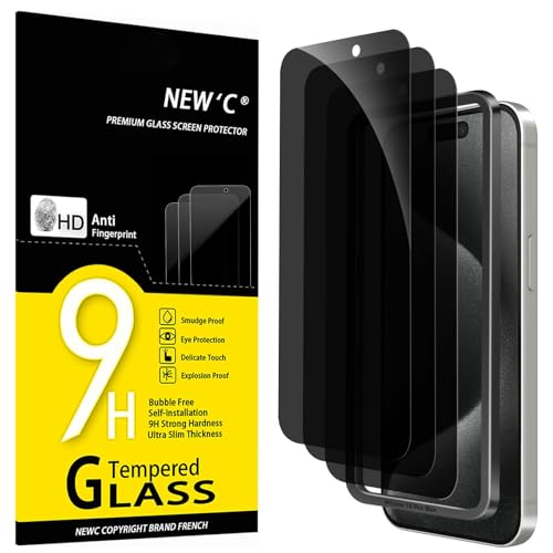NEW'C 3 Pack Privacy for iPhone 15 Pro Max Screen Protector (6.7 inches), Anti-Spy Tempered Glass Film,Case Friendly Ultra Resistant, Balanced 28-Degree Privacy Angle-Easy installation tool included