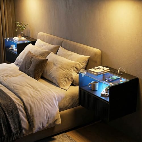 Arbuxzuy Floating Nightstand Set of 2 with Charging Station, Modern Wall Mounted Bedside Table with Drawer & Open Shelf, Made of Minimalist Wood & Glass for Bedroom (Black)