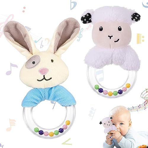 Heyu-Lotus 2Pcs Baby Soft Rattle Sensory Toys,Newborn Baby Rattle Stuffed Sheep Hand Rattle Animals Hand Grip Set Early Educational Toy for Toddler 0 3 6 9 12 Month Infant Boys Girls Shower Gift