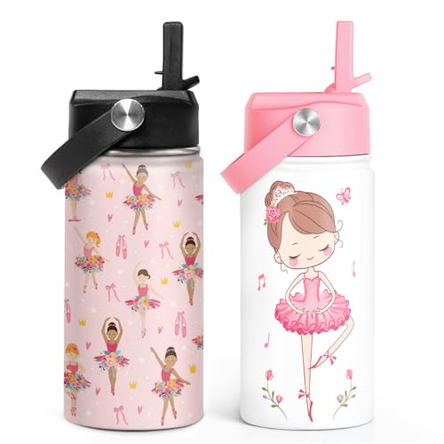 Image of SANDJEST Ballet Kid 12oz Water Bottle with Straw Lid - 2-Pack Insulated Stainless Steel Water Bottles for Kids Girls - Travel Cup for School Sports